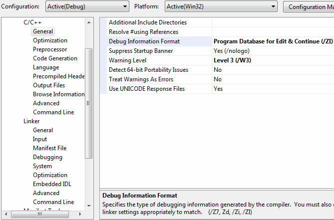 - visual studio: c++ debug information format /ZI